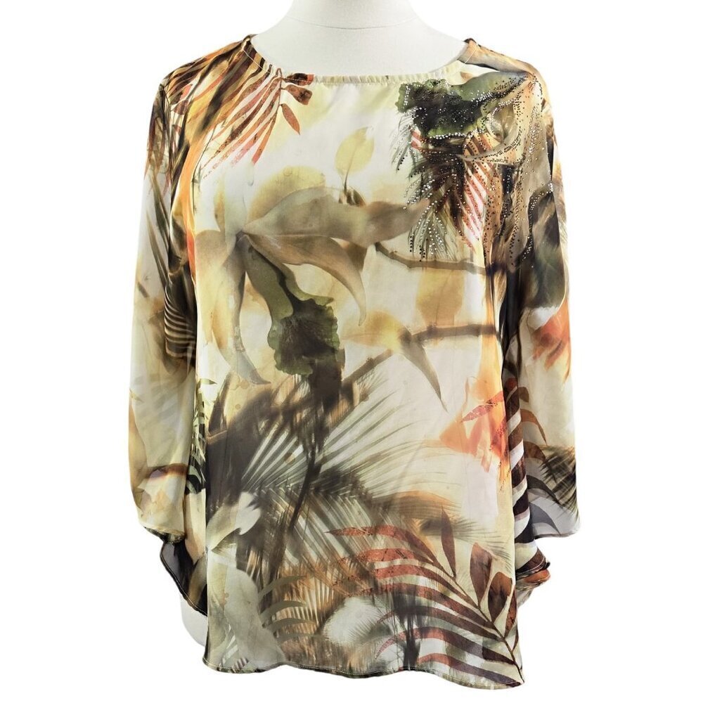 Chico's Yellow Tropical Leaf Sheer Beaded Lightweight Poncho With Armholes